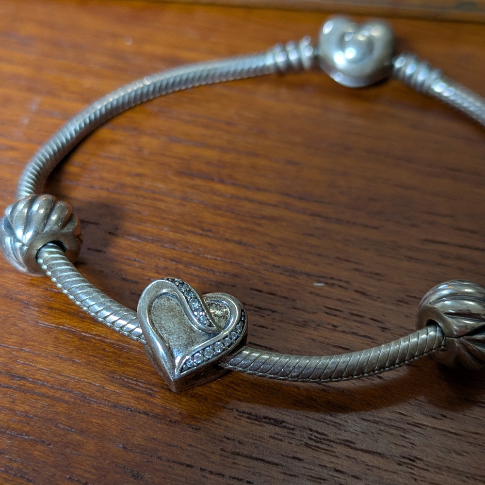 PANDORA Sterling Silver Heart Charm Bracelet With Ribbons Of Love Charm